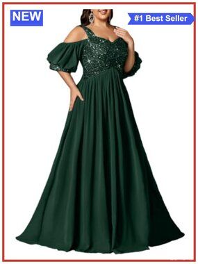 Plus Size Sequin Chiffon Formal Evening Dress A-Line High Slit Puff Sleeve